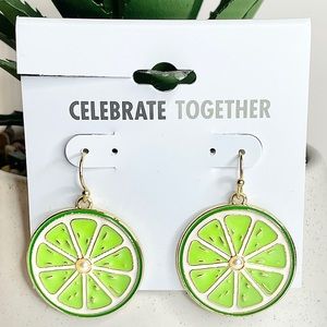 NWT celebrate together oversized green, and gold line dangling earrings vacation